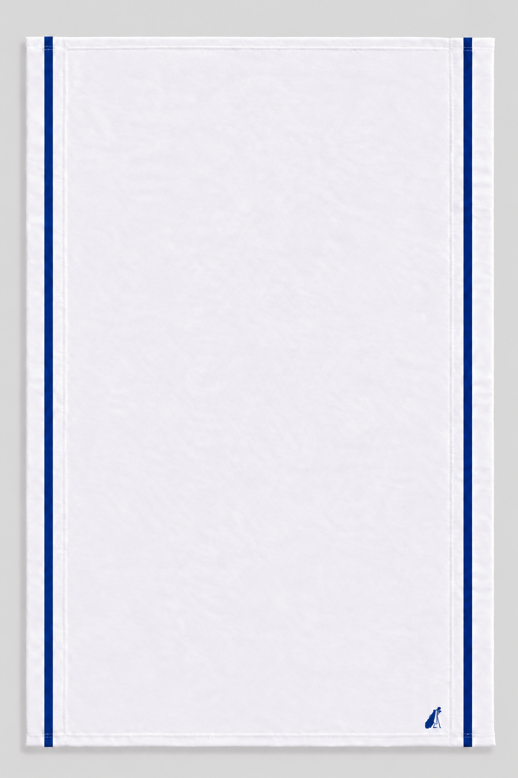 White premium golf caddy towel with blue vertical stripes and Loop18 logo