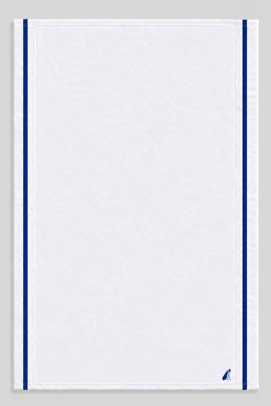White premium golf caddy towel with blue vertical stripes and Loop18 logo